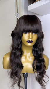 Dark Brown Bang Human Hair Wig Body Wave