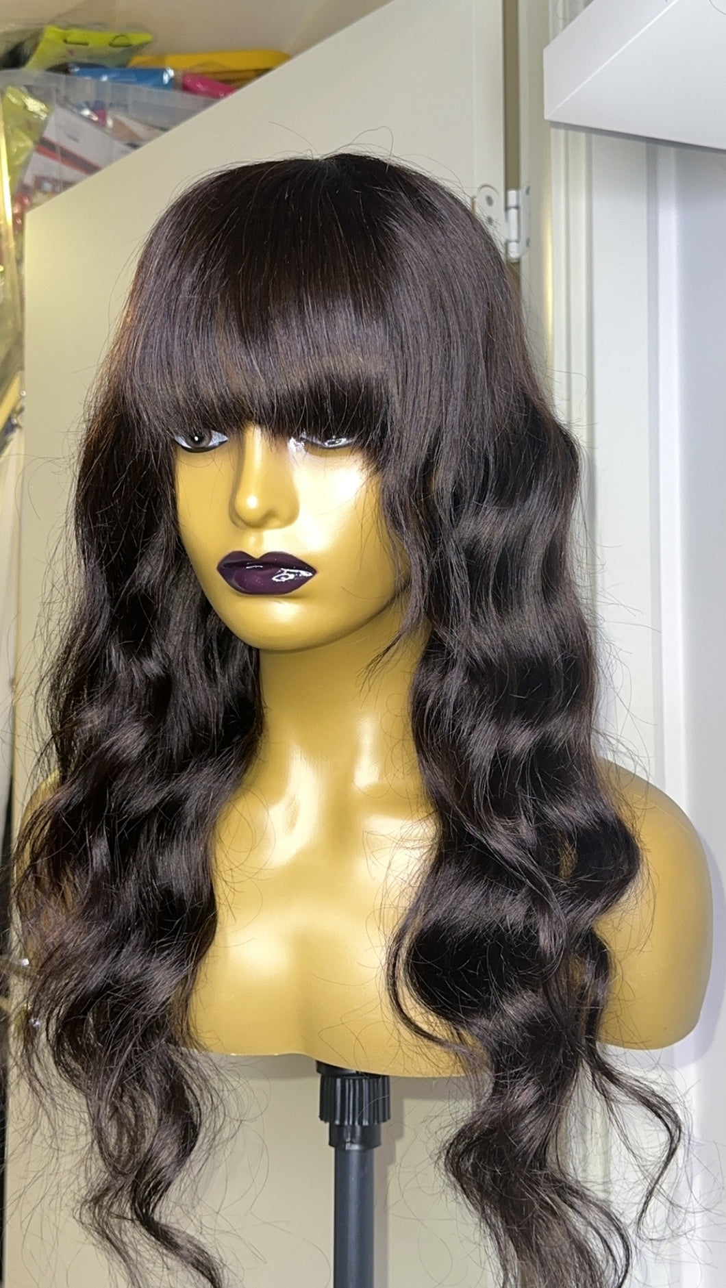 Dark Brown Bang Human Hair Wig Body Wave